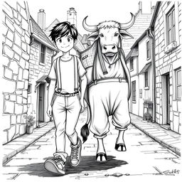 A detailed black and white drawing depicting a 9-year-old boy with black hair, dressed in a casual t-shirt, pants, and sneakers, walking next to a much taller anthropomorphic ox that stands upright