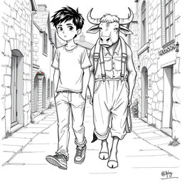 A detailed black and white drawing depicting a 9-year-old boy with black hair, dressed in a casual t-shirt, pants, and sneakers, walking next to a much taller anthropomorphic ox that stands upright