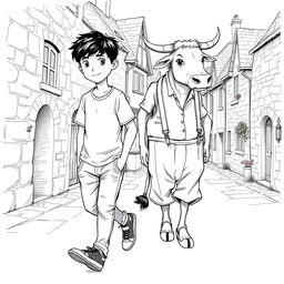 A detailed black and white drawing depicting a 9-year-old boy with black hair, dressed in a casual t-shirt, pants, and sneakers, walking next to a much taller anthropomorphic ox that stands upright