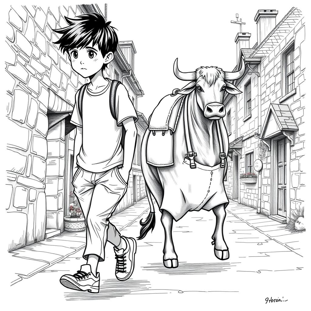 A detailed black and white drawing depicting a 9-year-old boy with black hair, dressed in a casual t-shirt, pants, and sneakers, walking next to a much taller anthropomorphic ox that stands upright