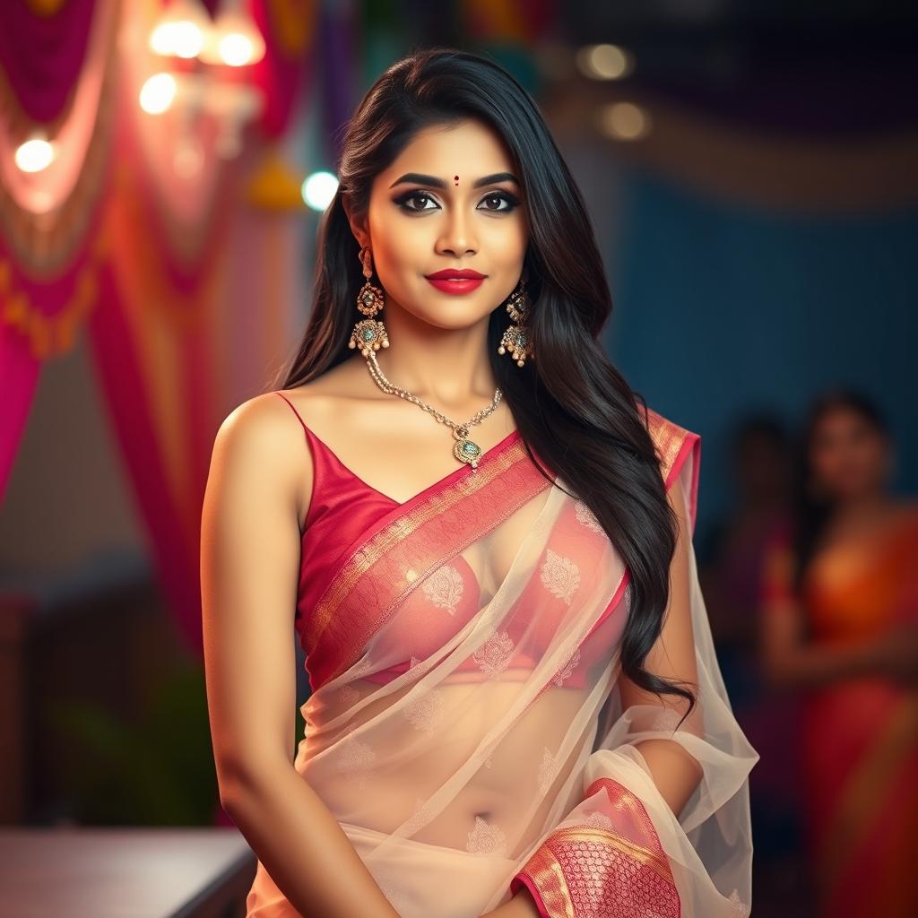 A beautiful Indian woman showcasing elegance and grace, dressed in a stunning, transparent saree that drapes beautifully over her figure