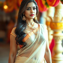 A beautiful Indian woman showcasing elegance and grace, dressed in a stunning, transparent saree that drapes beautifully over her figure