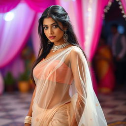 A beautiful Indian woman showcasing elegance and grace, dressed in a stunning, transparent saree that drapes beautifully over her figure