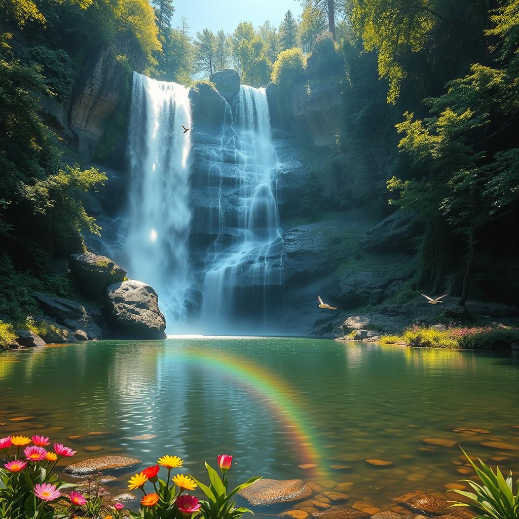 A majestic waterfall cascading down a rocky cliff surrounded by lush green forest, with sunlight filtering through the leaves creating a sparkling effect on the water