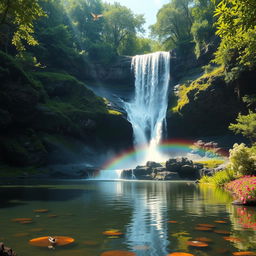 A majestic waterfall cascading down a rocky cliff surrounded by lush green forest, with sunlight filtering through the leaves creating a sparkling effect on the water