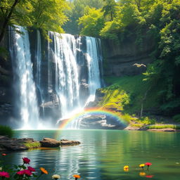 A majestic waterfall cascading down a rocky cliff surrounded by lush green forest, with sunlight filtering through the leaves creating a sparkling effect on the water