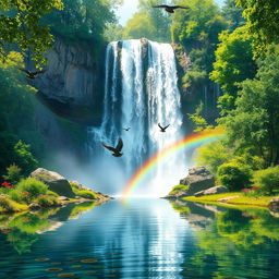 A majestic waterfall cascading down a rocky cliff surrounded by lush green forest, with sunlight filtering through the leaves creating a sparkling effect on the water