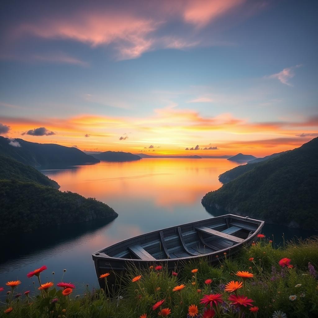 A serene landscape capturing the beauty of twilight over a tranquil lake surrounded by lush green mountains