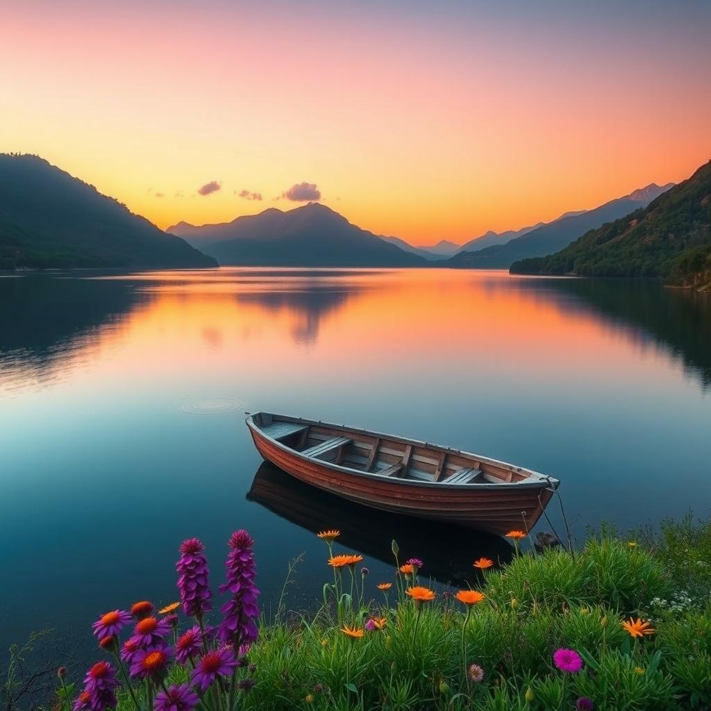 A serene landscape capturing the beauty of twilight over a tranquil lake surrounded by lush green mountains