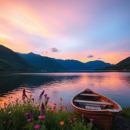 A serene landscape capturing the beauty of twilight over a tranquil lake surrounded by lush green mountains