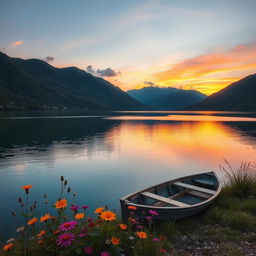 A serene landscape capturing the beauty of twilight over a tranquil lake surrounded by lush green mountains