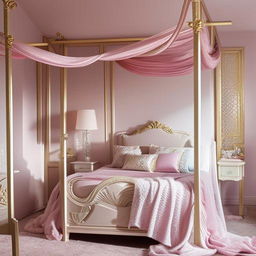 A bedroom designed like a princess's royal chamber, filled with luxurious fabrics, a four-poster bed, elegant furniture, and accents of gold and pastel colors.