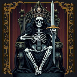 A full view illustration of a king playing card showcasing a striking skeleton seated on a majestic throne