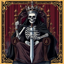 A full view illustration of a king playing card showcasing a striking skeleton seated on a majestic throne