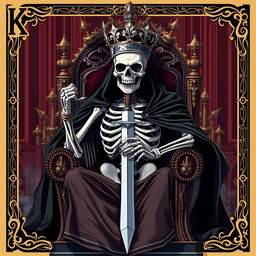 A full view illustration of a king playing card showcasing a striking skeleton seated on a majestic throne