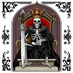 A full view illustration of a king playing card showcasing a striking skeleton seated on a majestic throne