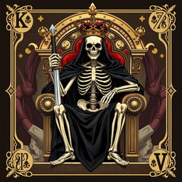 A full view illustration of a king playing card showcasing a striking skeleton seated on a majestic throne