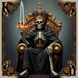 A full view illustration of a king playing card, prominently featuring a skeleton king