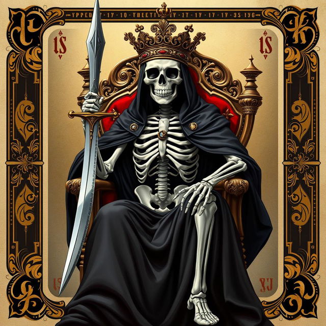 A full view illustration of a king playing card, prominently featuring a skeleton king