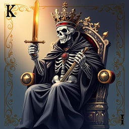 A full view illustration of a king playing card, prominently featuring a skeleton king