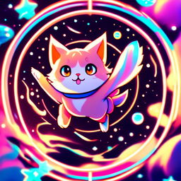 Anime-style cat flying through a neon-lit, star-filled cosmos with a glitched circular border.