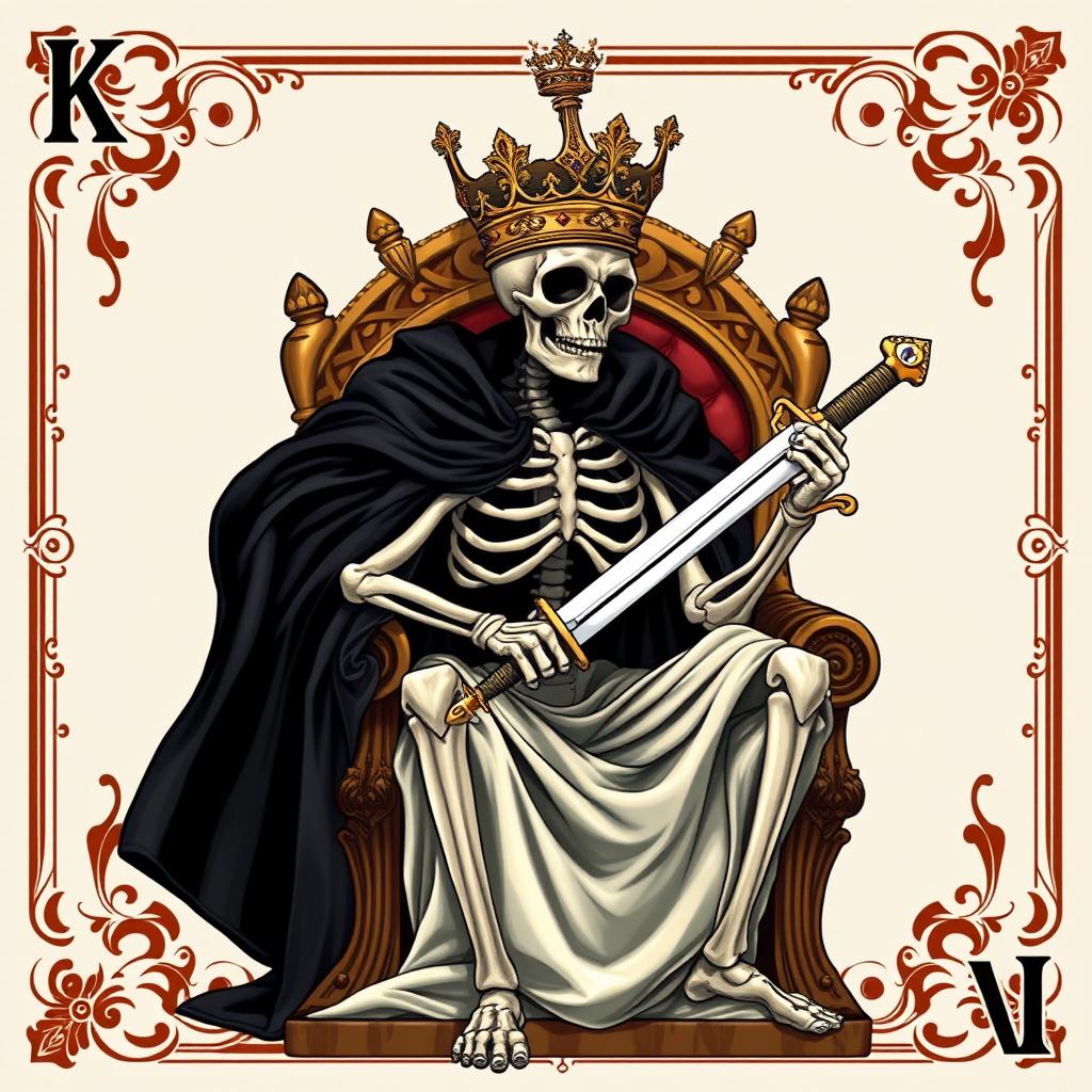 A full view illustration of a king playing card featuring a striking skeleton king