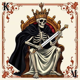 A full view illustration of a king playing card featuring a striking skeleton king