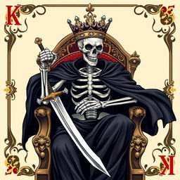 A full view illustration of a king playing card featuring a striking skeleton king