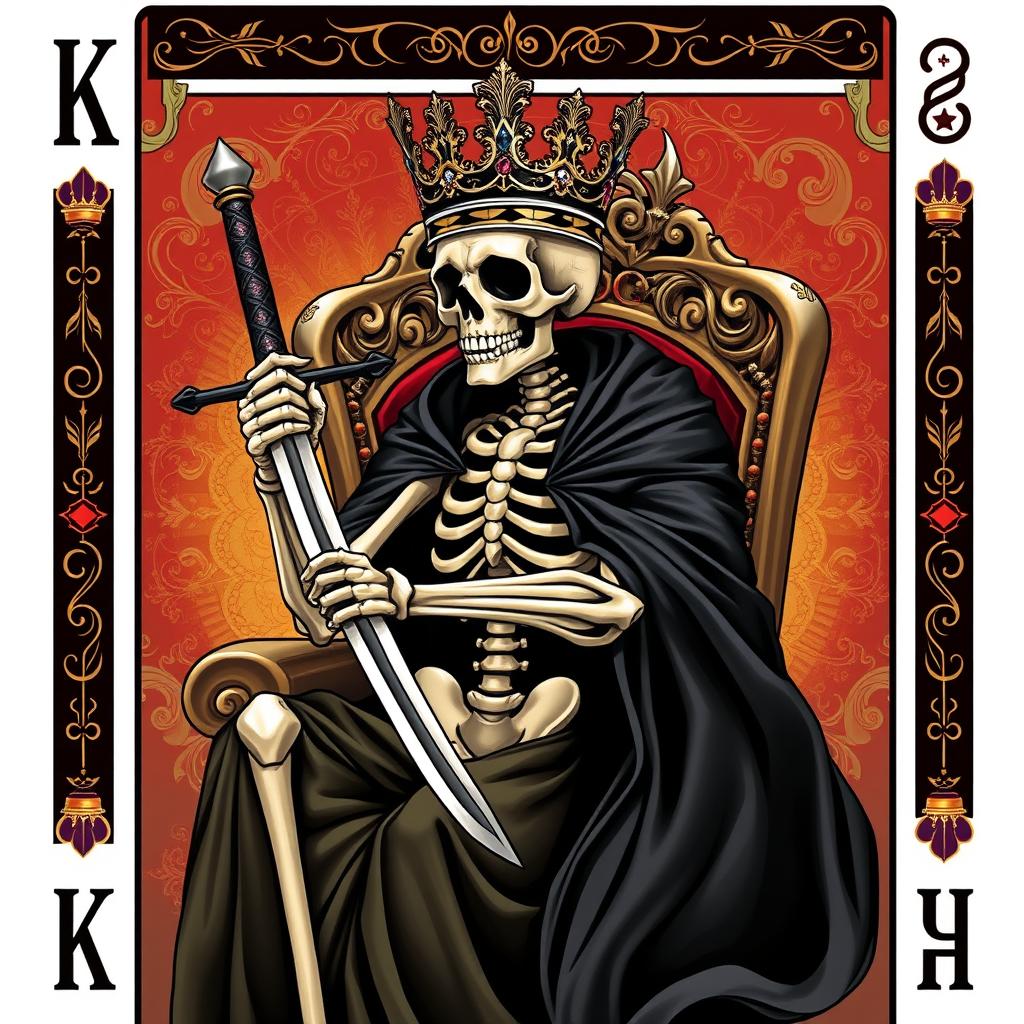 A full view illustration of a king playing card featuring a striking skeleton king