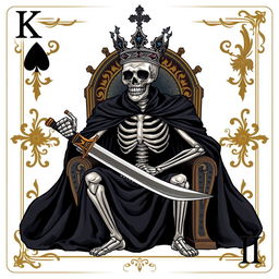 A full view illustration of a king playing card featuring a striking skeleton king