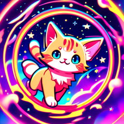 Anime-style cat flying through a neon-lit, star-filled cosmos with a glitched circular border.