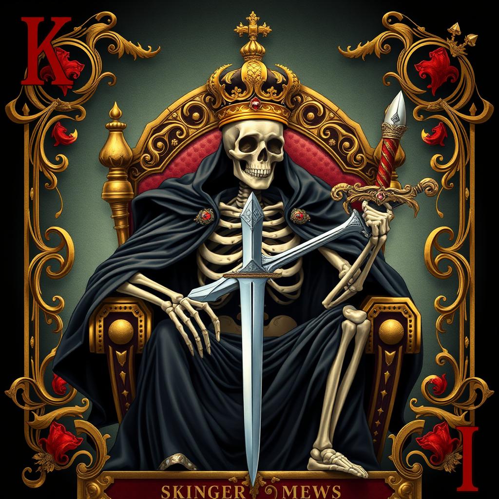 A full view illustration of a king playing card that features a captivating skeleton king