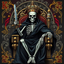 A full view illustration of a king playing card that features a captivating skeleton king