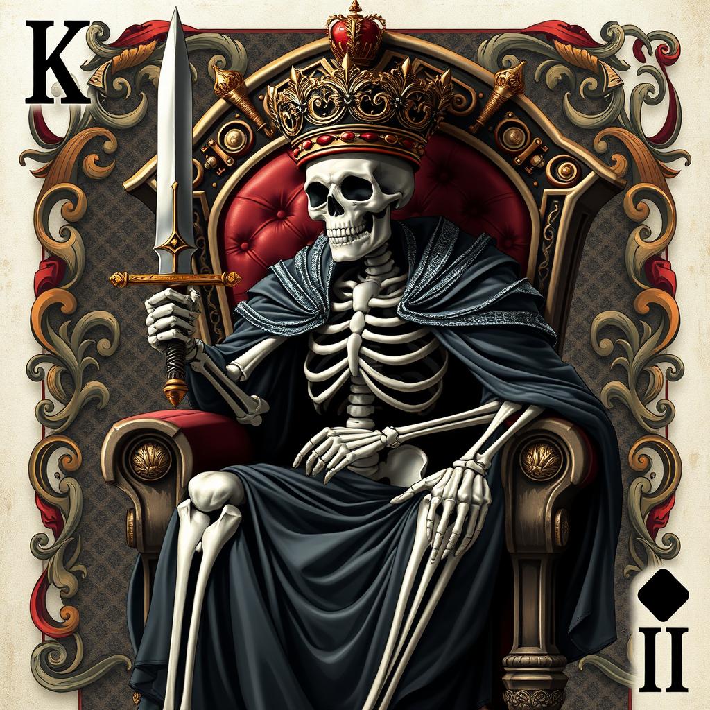 A full view illustration of a king playing card that features a captivating skeleton king