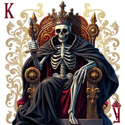 A full view illustration of a king playing card that features a captivating skeleton king