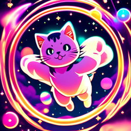 Anime-style cat flying through a neon-lit, star-filled cosmos with a glitched circular border.