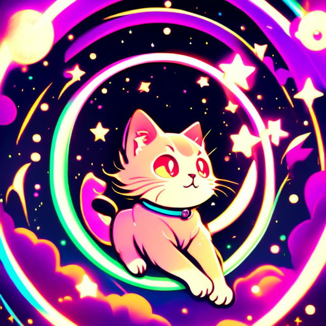 Anime-style cat flying through a neon-lit, star-filled cosmos with a glitched circular border.