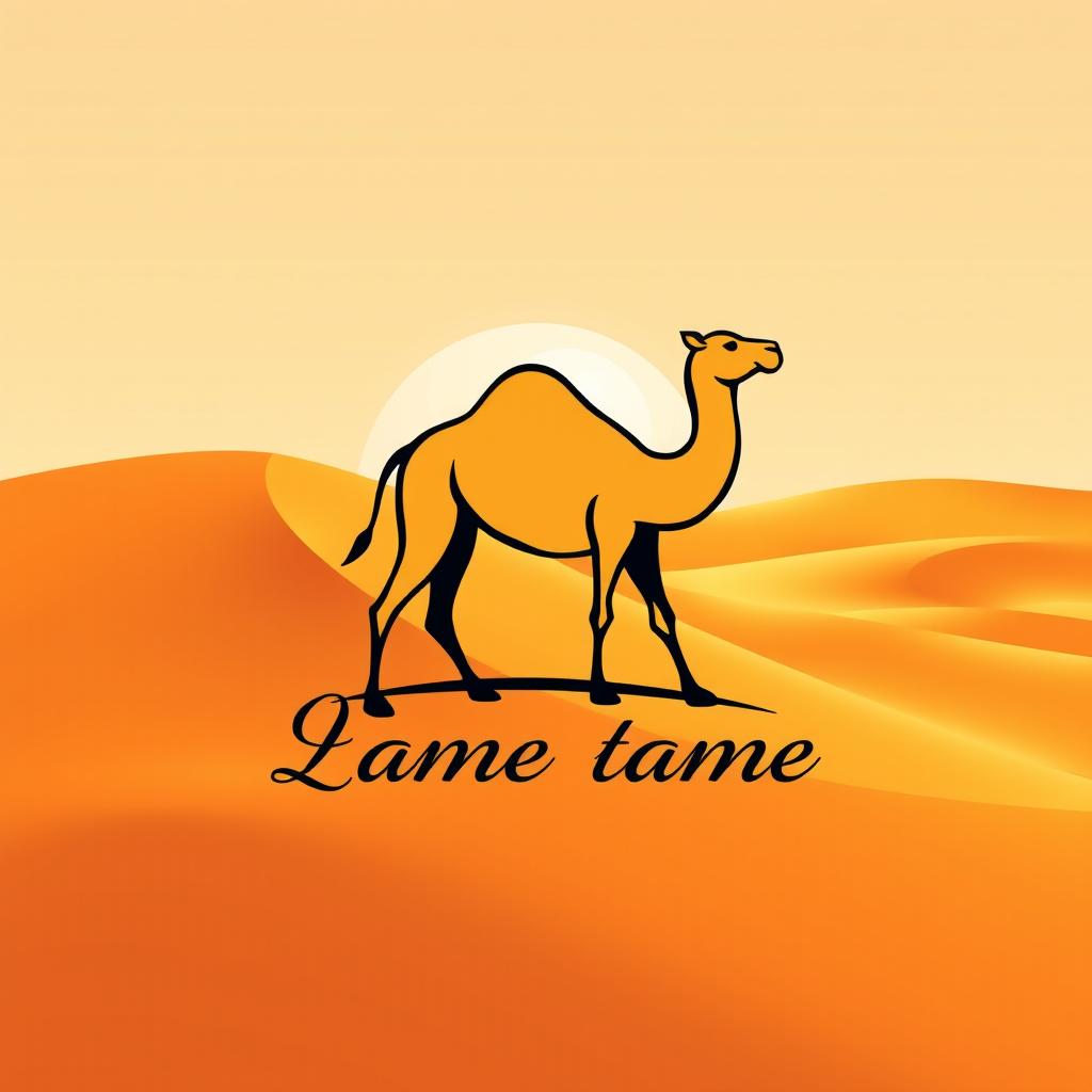 A logo design featuring a stylized camel in a desert setting