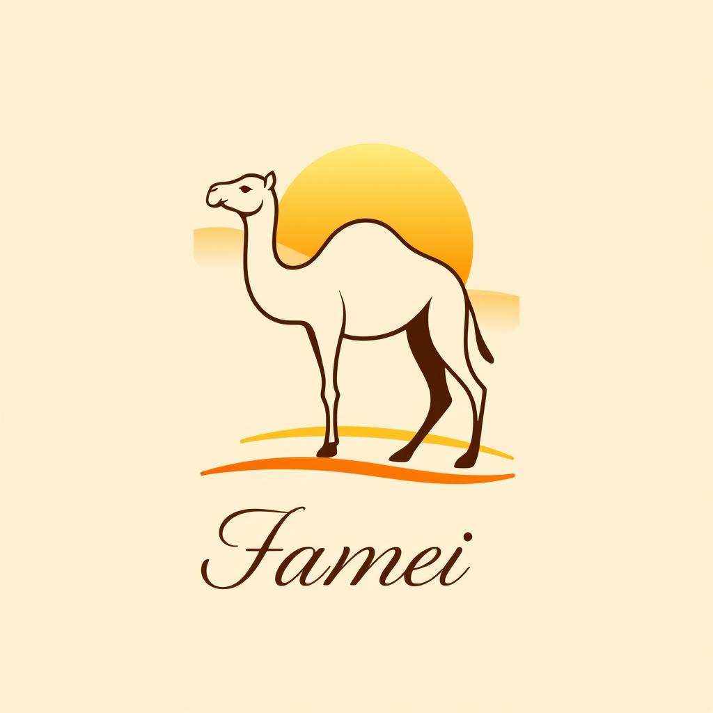 A logo design featuring a stylized camel in a desert setting