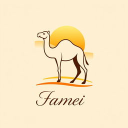 A logo design featuring a stylized camel in a desert setting