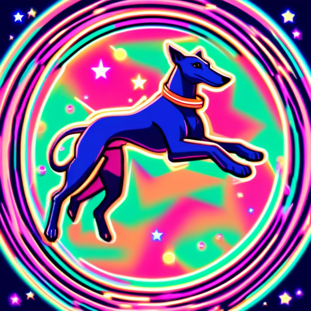 Anime-style greyhound flying through a neon-lit, star-filled cosmos with a glitched circular border.