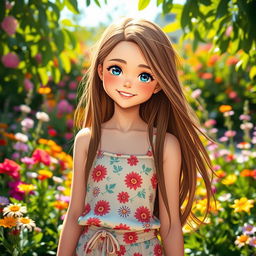 A stunning girl with long flowing hair, wearing a fashionable summer outfit, standing in a vibrant garden full of colorful flowers