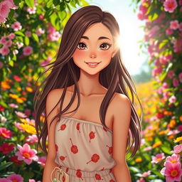 A stunning girl with long flowing hair, wearing a fashionable summer outfit, standing in a vibrant garden full of colorful flowers