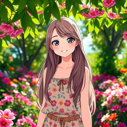 A stunning girl with long flowing hair, wearing a fashionable summer outfit, standing in a vibrant garden full of colorful flowers