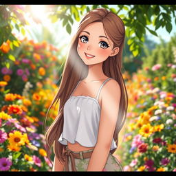 A stunning girl with long flowing hair, wearing a fashionable summer outfit, standing in a vibrant garden full of colorful flowers