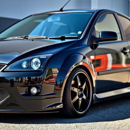 A sleek, modified Ford Focus MK2 from 2006, featuring a striking black shine