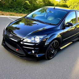 A sleek, modified Ford Focus MK2 from 2006, featuring a striking black shine