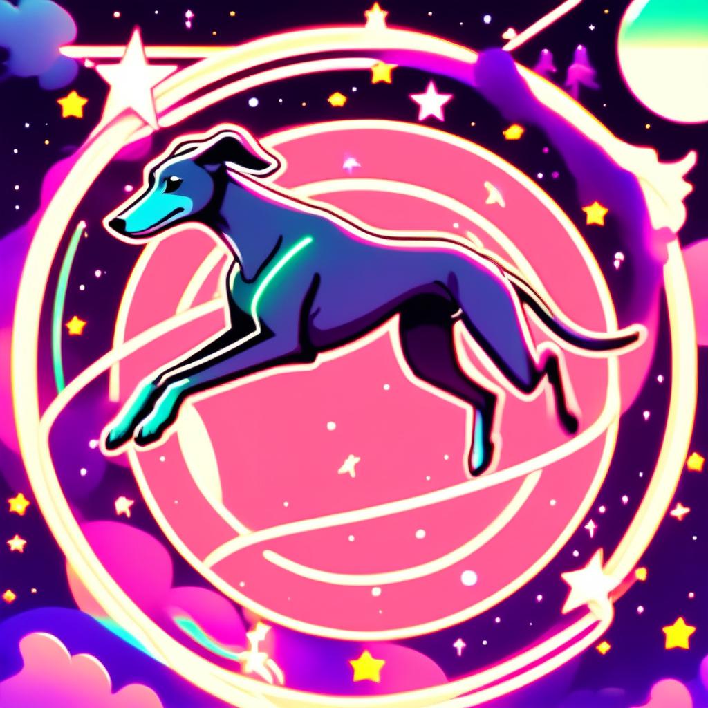 Anime-style greyhound flying through a neon-lit, star-filled cosmos with a glitched circular border.