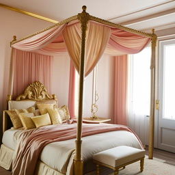 A bedroom designed like a princess's royal chamber, filled with luxurious fabrics, a four-poster bed, elegant furniture, and accents of gold and pastel colors.