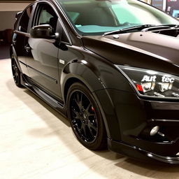 A sleek, modified Ford Focus MK2 from 2006, featuring a striking black shine